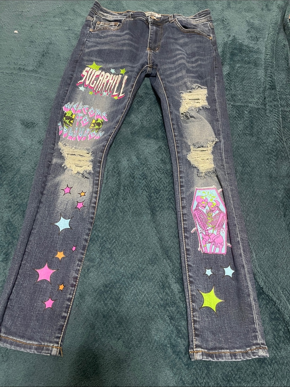 Sugarhill Dark Wash Skinny Jeans with Pink & Neon Graphic Accents